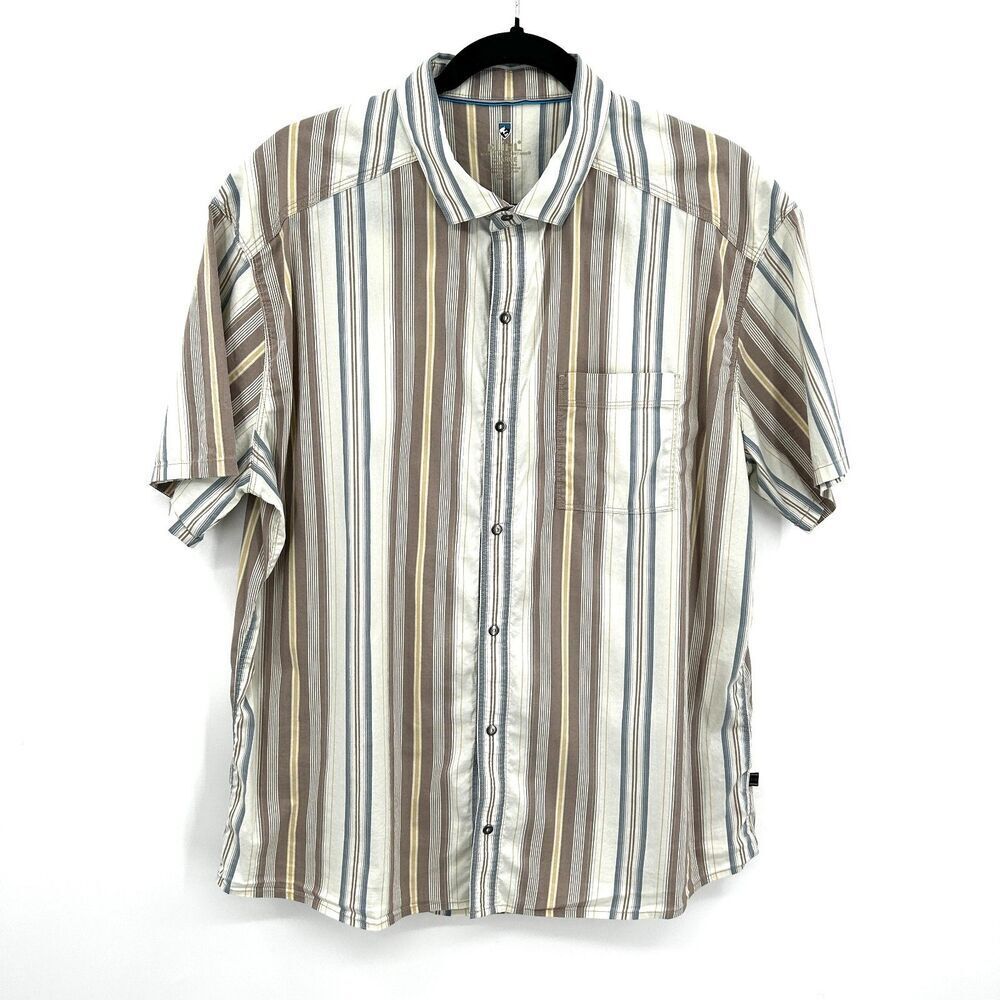 KUHL Men's White Brown Blue Striped Short Sleeve Lightweight Button Up Shirt XL